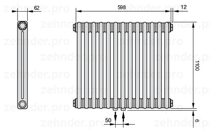 Схема (чертеж) Радиатор Zehnder Charleston 2110/13 №5410 Белый глянцевый RAL 9016